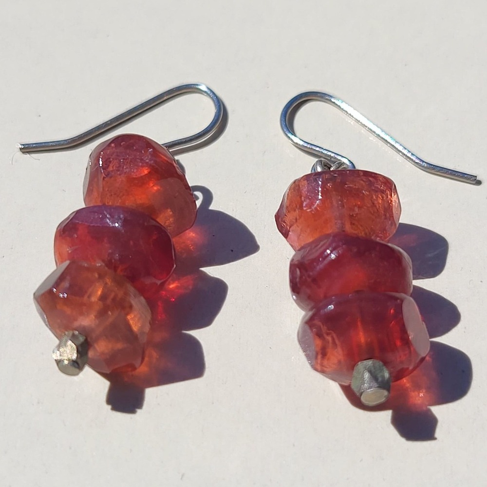 Silver Tone Faceted Carnelian Bead Drop Earrings Vintage Artisan Handcrafted